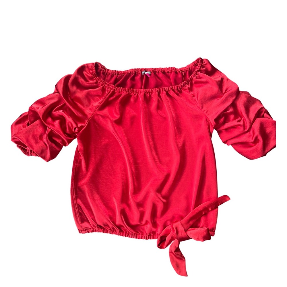 Vince Camuto Blouse Women L Red Off Shoulder Puff Sleeve Side Tie Satin Top